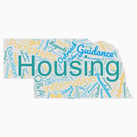 word cloud in the shape of nebraska with housing outreach words